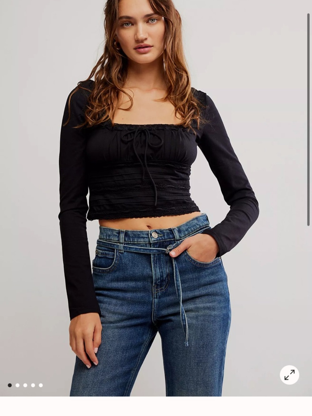 Free People Black Long-Sleeve Ruched Square-Neck Crop Top
